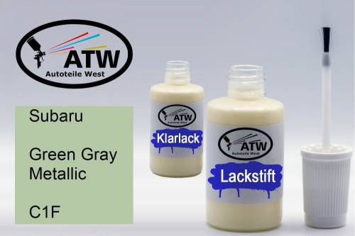 Subaru, Green Gray Metallic, C1F: 20ml Lackstift + 20ml Klarlack - Set, von ATW Autoteile West.